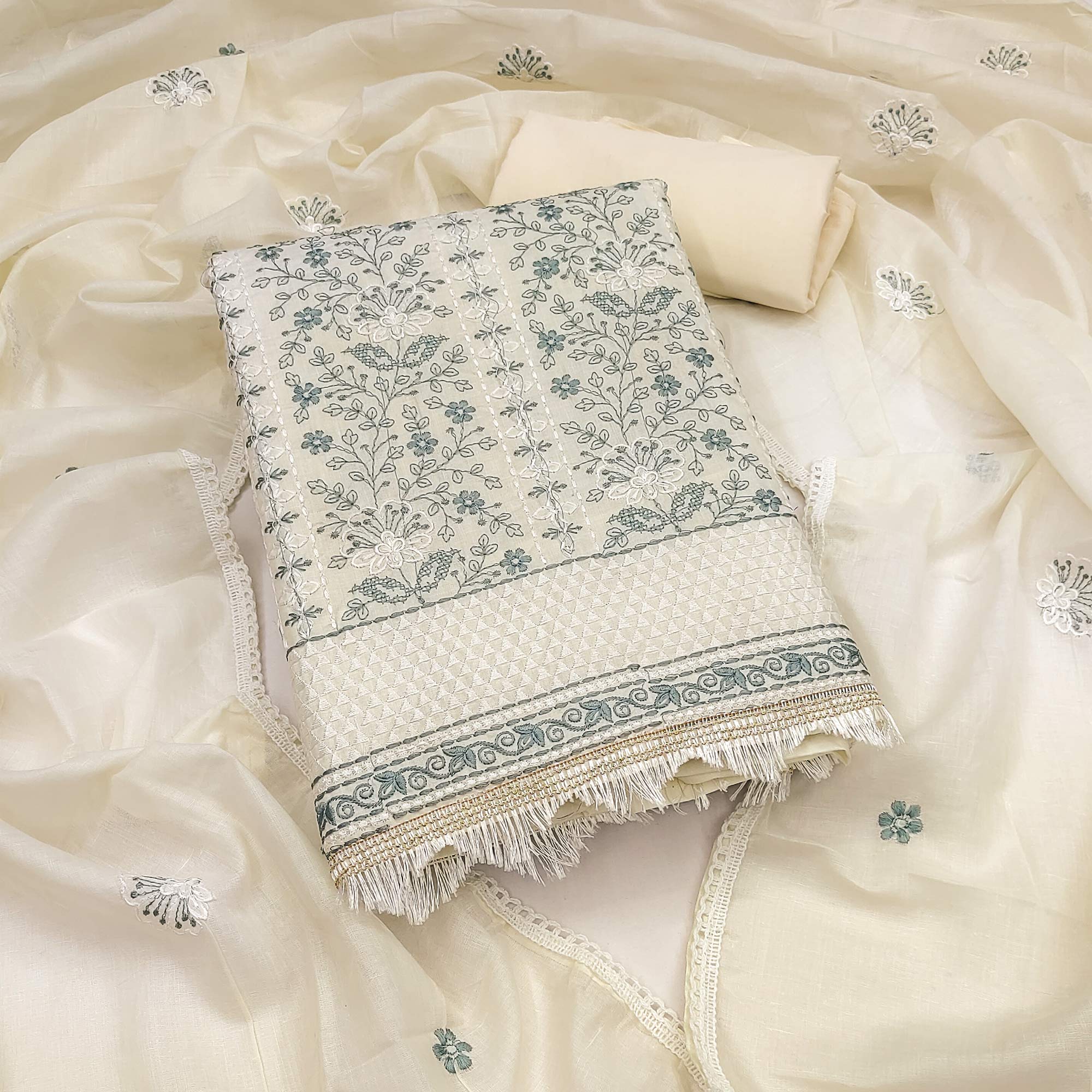 Off White Floral Embroidery Cotton Fabric for Ethnic Wear and Everyday Grace