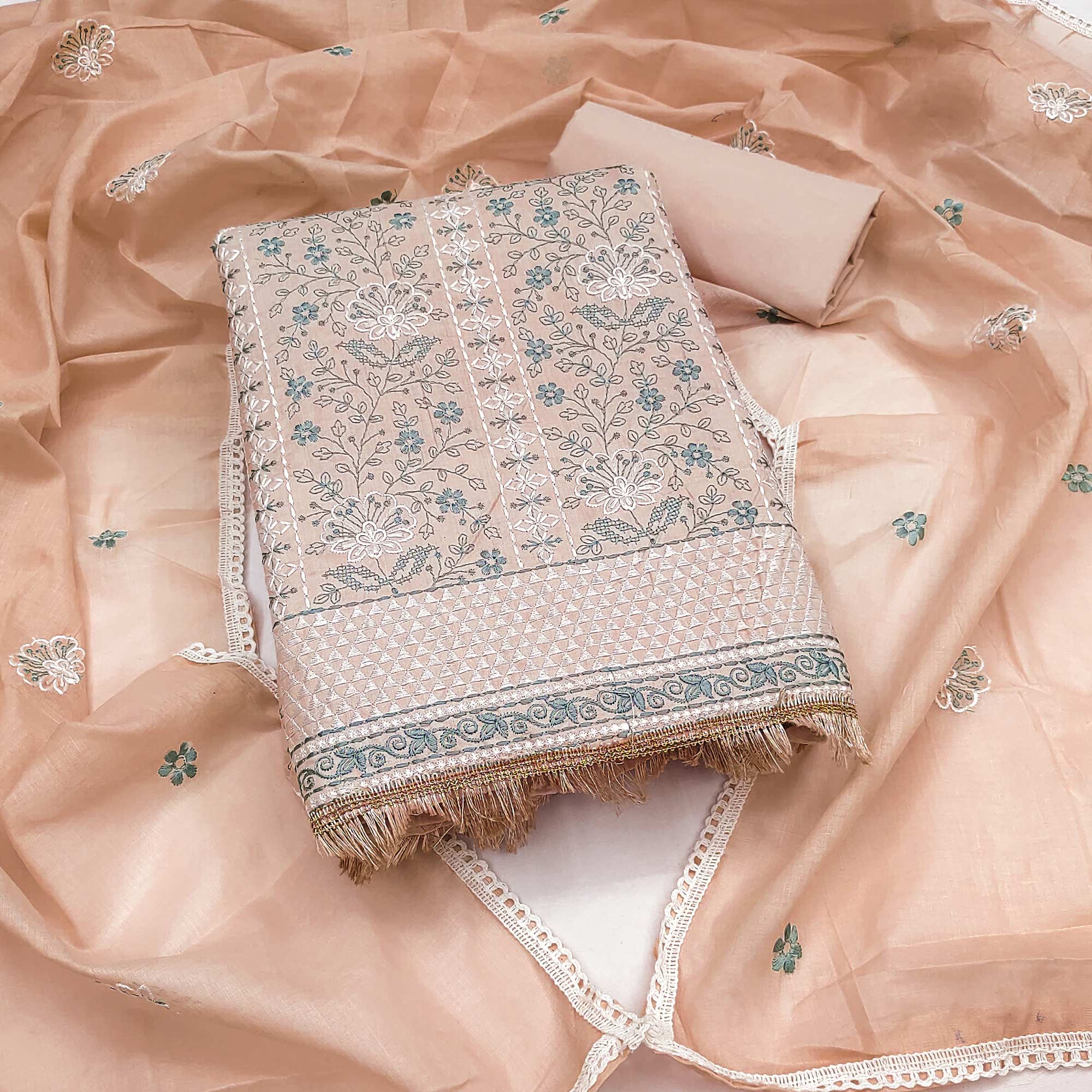 Peach Floral Embroidery Cotton Fabric for Ethnic Wear and Everyday Grace