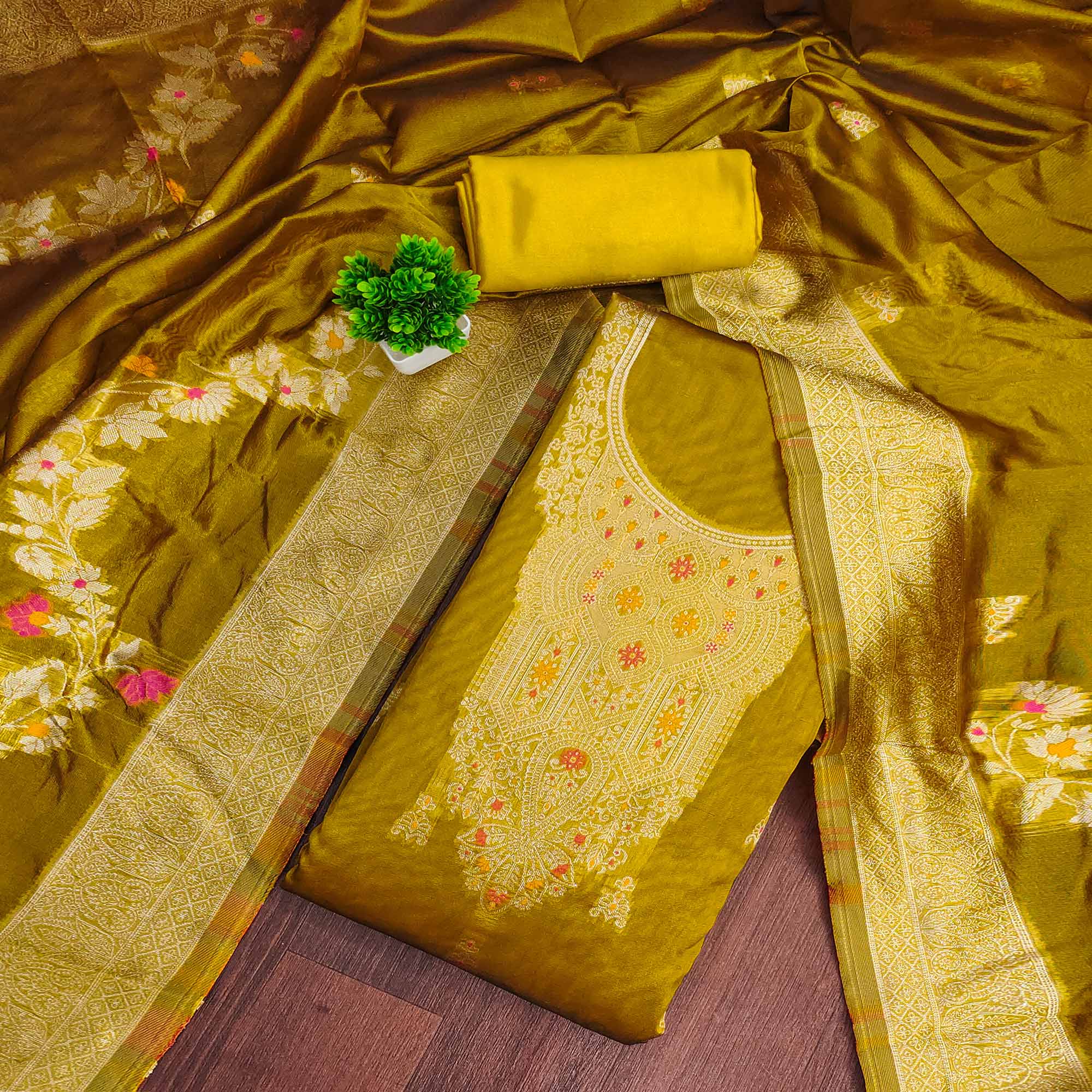 Olive Unstitched Dress Material in Sheer Chanderi Silk with Zari Work