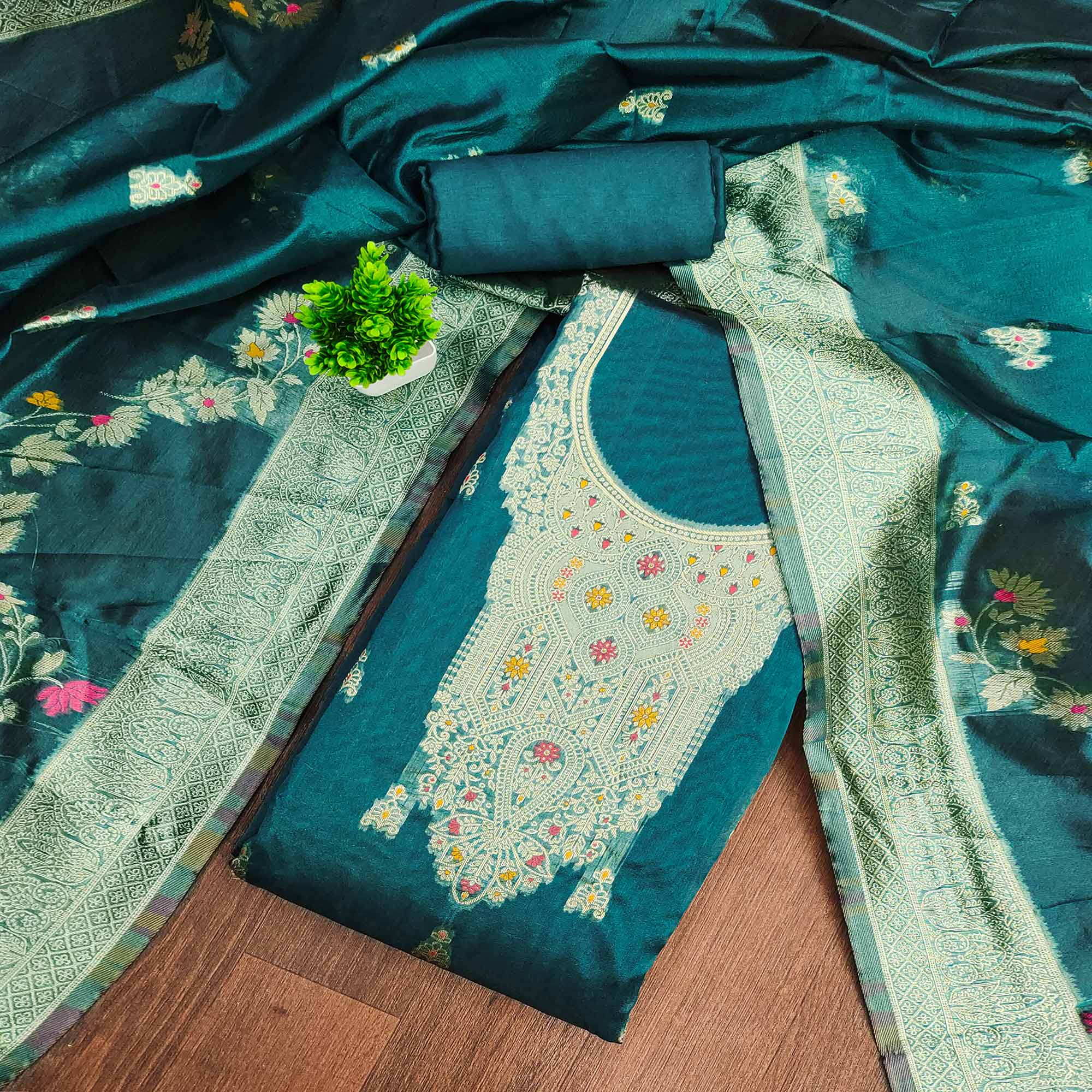 Teal Unstitched Dress Material in Sheer Chanderi Silk with Zari Work