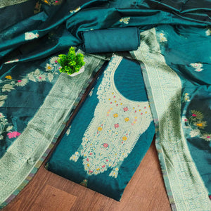Teal Unstitched Dress Material in Sheer Chanderi Silk with Zari Work