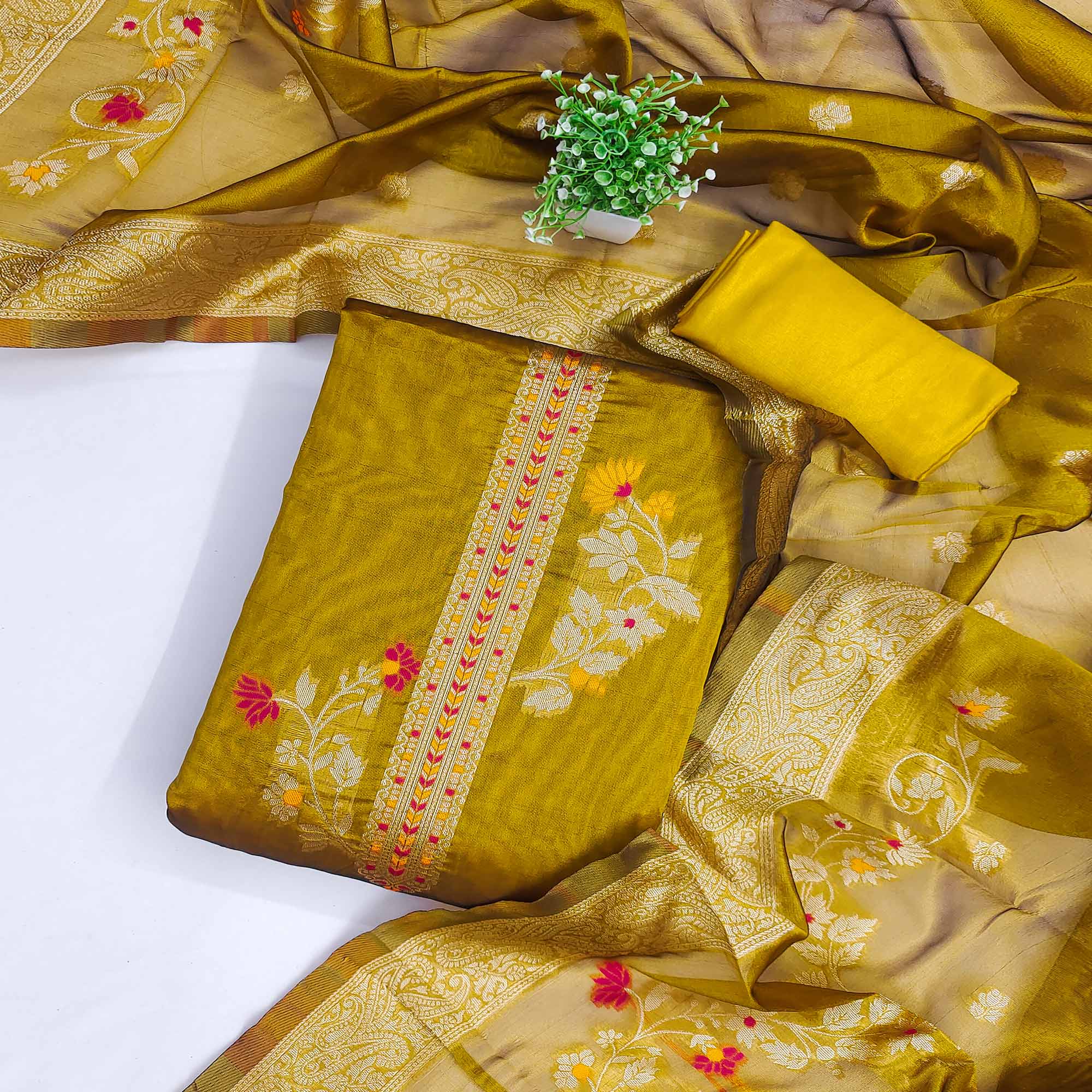 Dark Mustard Chanderi Silk Dress Material Adorned With Elegant Floral Zari Weaving