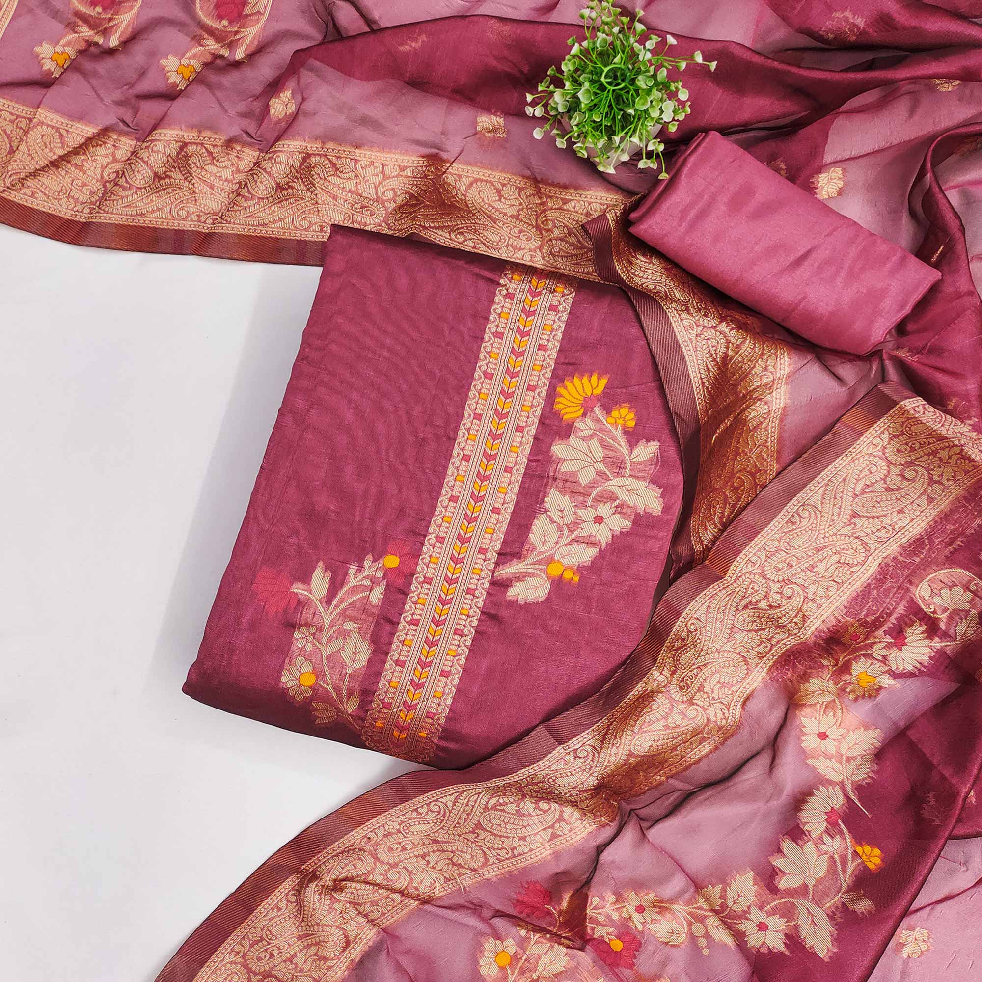 Pink Chanderi Silk Dress Material Adorned With Elegant Floral Zari Weaving
