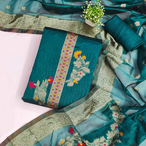 Teal Chanderi Silk Dress Material Adorned With Elegant Floral Zari Weaving