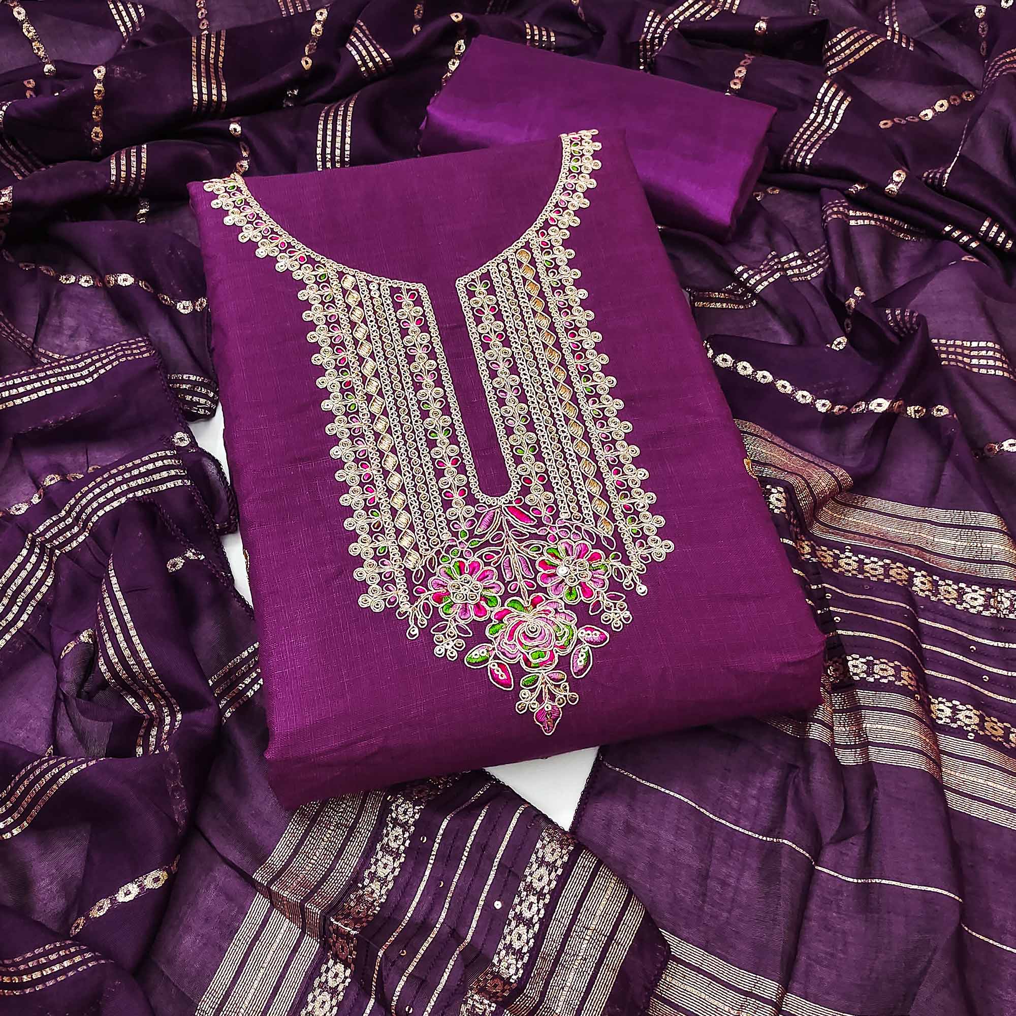 Dark Magenta Cotton Blend Dress Material Adorned With Floral Cording Embroidery & Sequins work