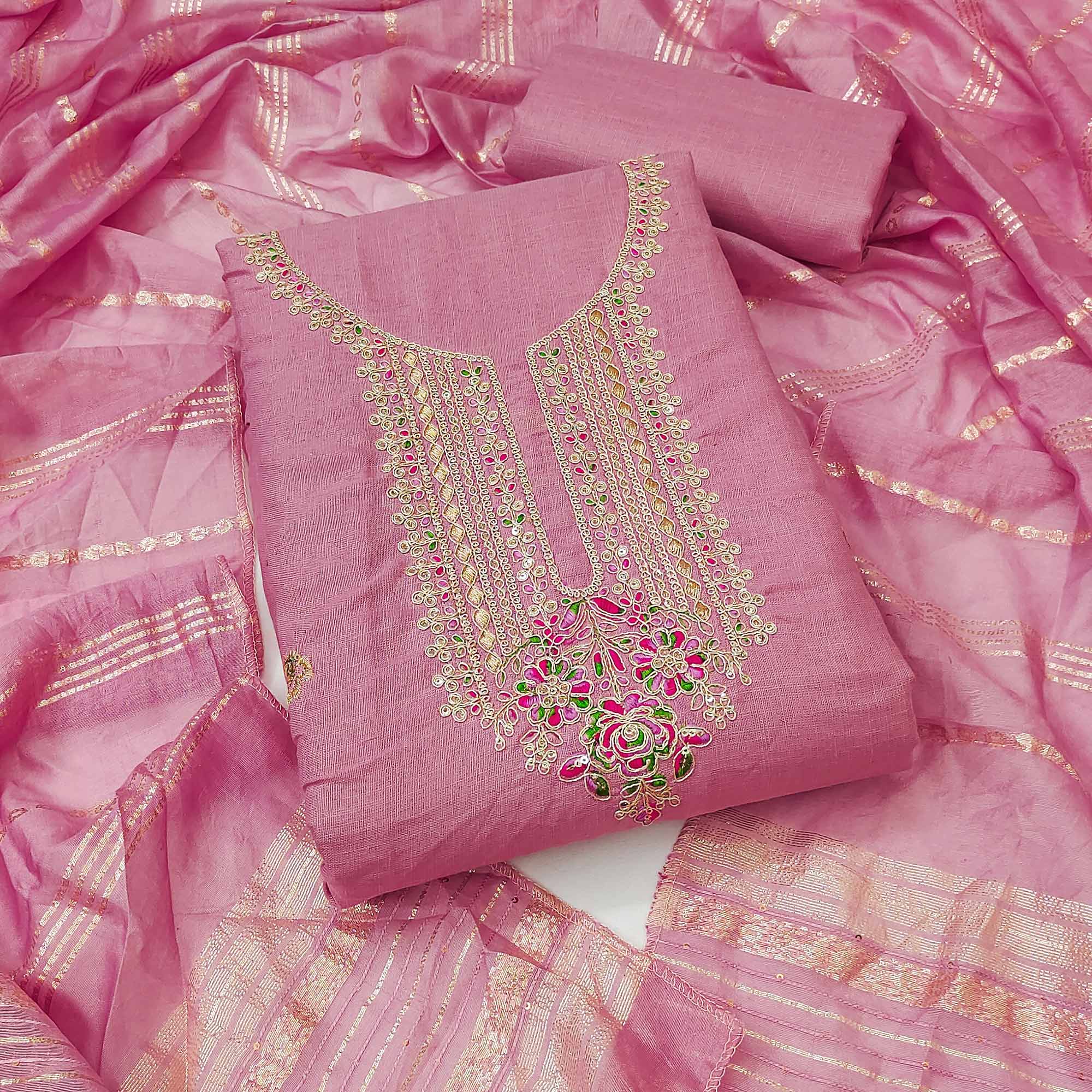 Pink Cotton Blend Dress Material Adorned With Floral Cording Embroidery & Sequins work