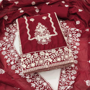 Maroon Chanderi Silk Dress Material With Exquisite Floral Thread Embroidery