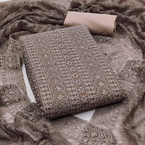 Brown Georgette Dress Material With Intricate Floral Thread & Sparkling Sequins Work