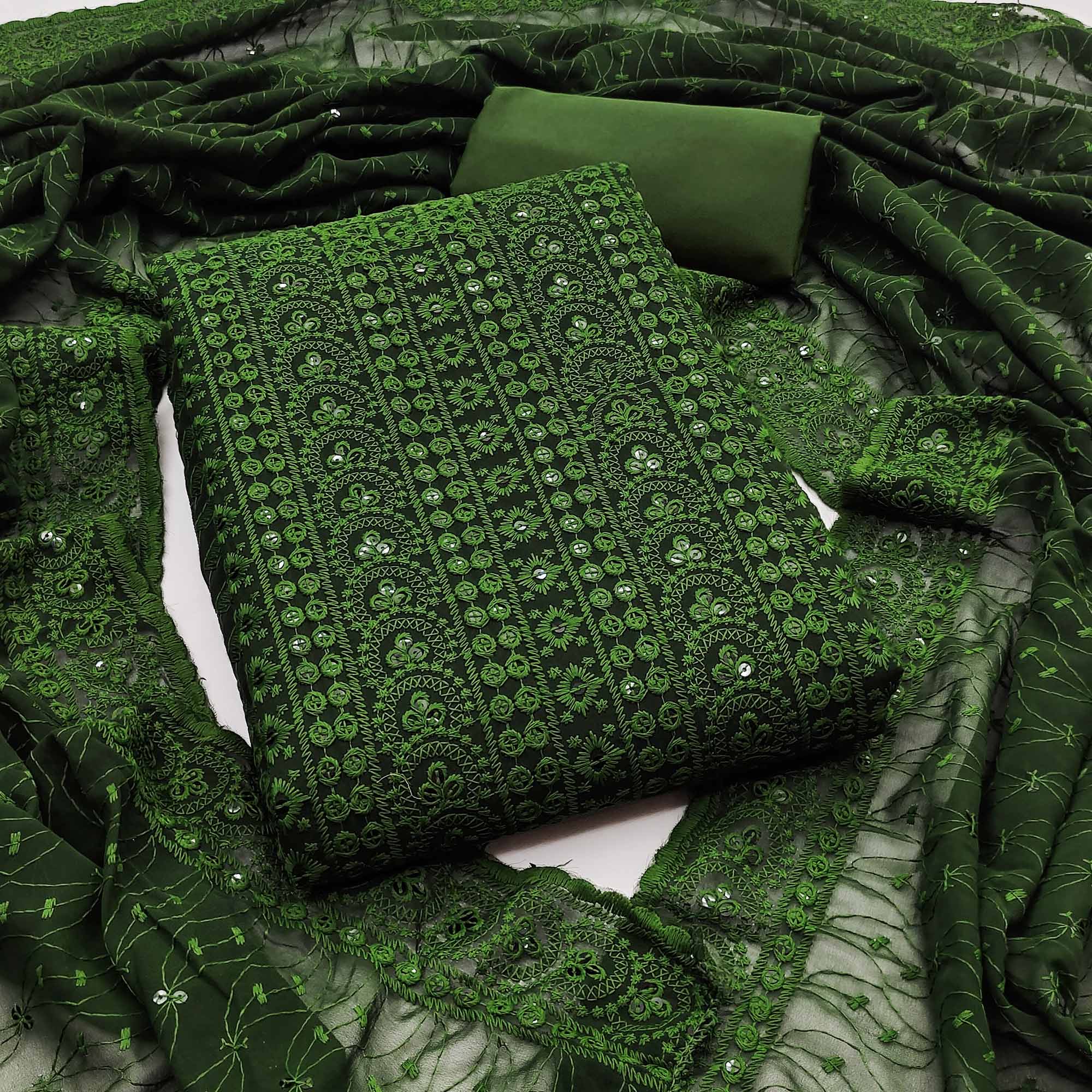 Mehendi Green Georgette Dress Material With Intricate Floral Thread & Sparkling Sequins Work