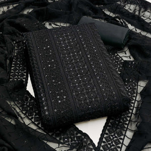 Black Floral Thread Embroidery With Sequins Highlighted Georgette Dress Material