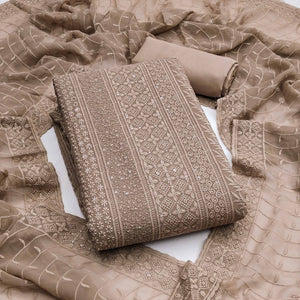 Brown Floral Thread Embroidery With Sequins Highlighted Georgette Dress Material