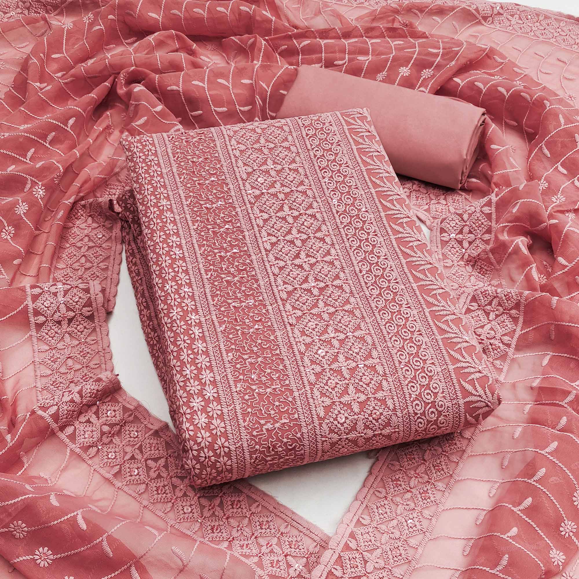 Coral Pink Floral Thread Embroidery With Sequins Highlighted Georgette Dress Material