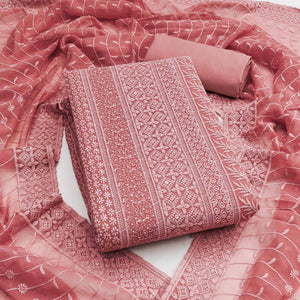 Coral Pink Floral Thread Embroidery With Sequins Highlighted Georgette Dress Material