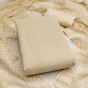 Cream Floral Thread Embroidery With Sequins Highlighted Georgette Dress Material