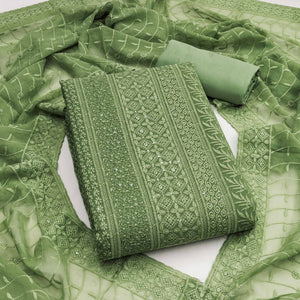 Green Floral Thread Embroidery With Sequins Highlighted Georgette Dress Material