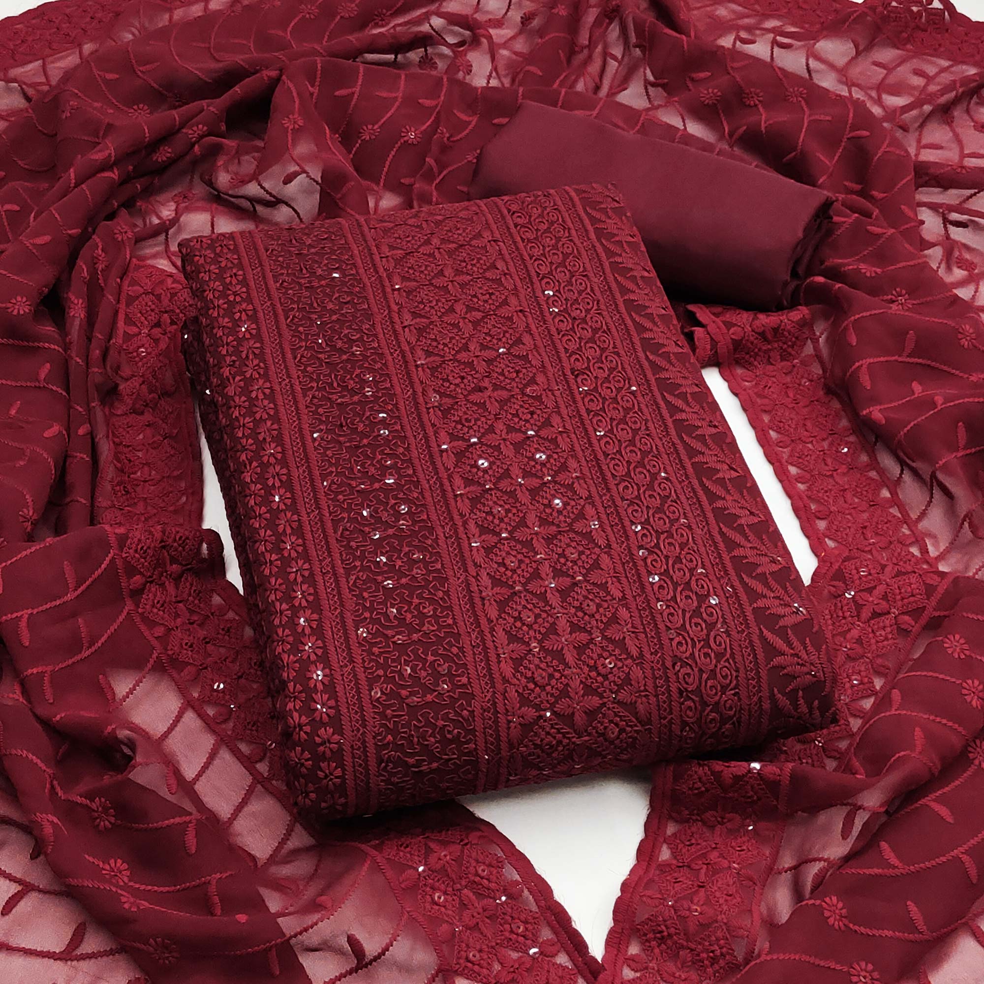 Maroon Floral Thread Embroidery With Sequins Highlighted Georgette Dress Material