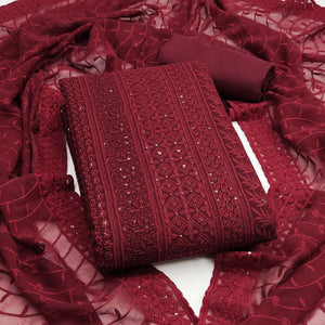 Maroon Floral Thread Embroidery With Sequins Highlighted Georgette Dress Material