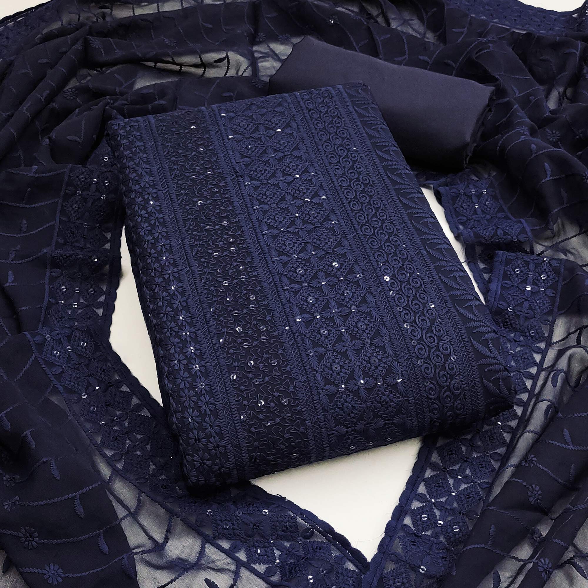 Navy Blue Floral Thread Embroidery With Sequins Highlighted Georgette Dress Material