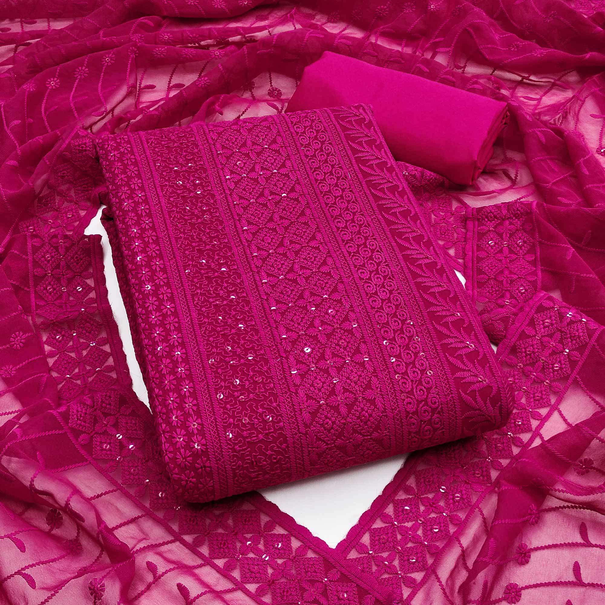 Rani Pink Floral Thread Embroidery With Sequins Highlighted Georgette Dress Material