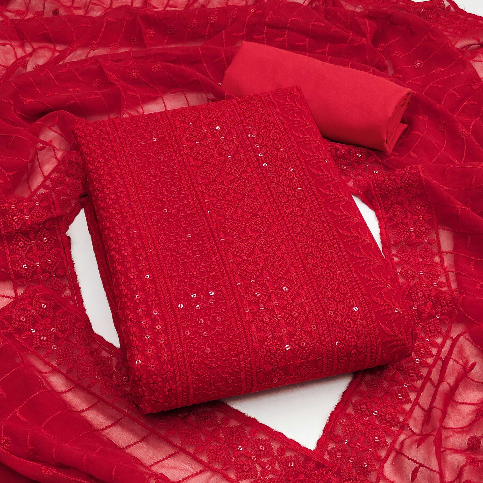 Red Floral Thread Embroidery With Sequins Highlighted Georgette Dress Material