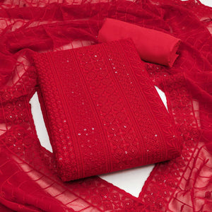 Red Floral Thread Embroidery With Sequins Highlighted Georgette Dress Material