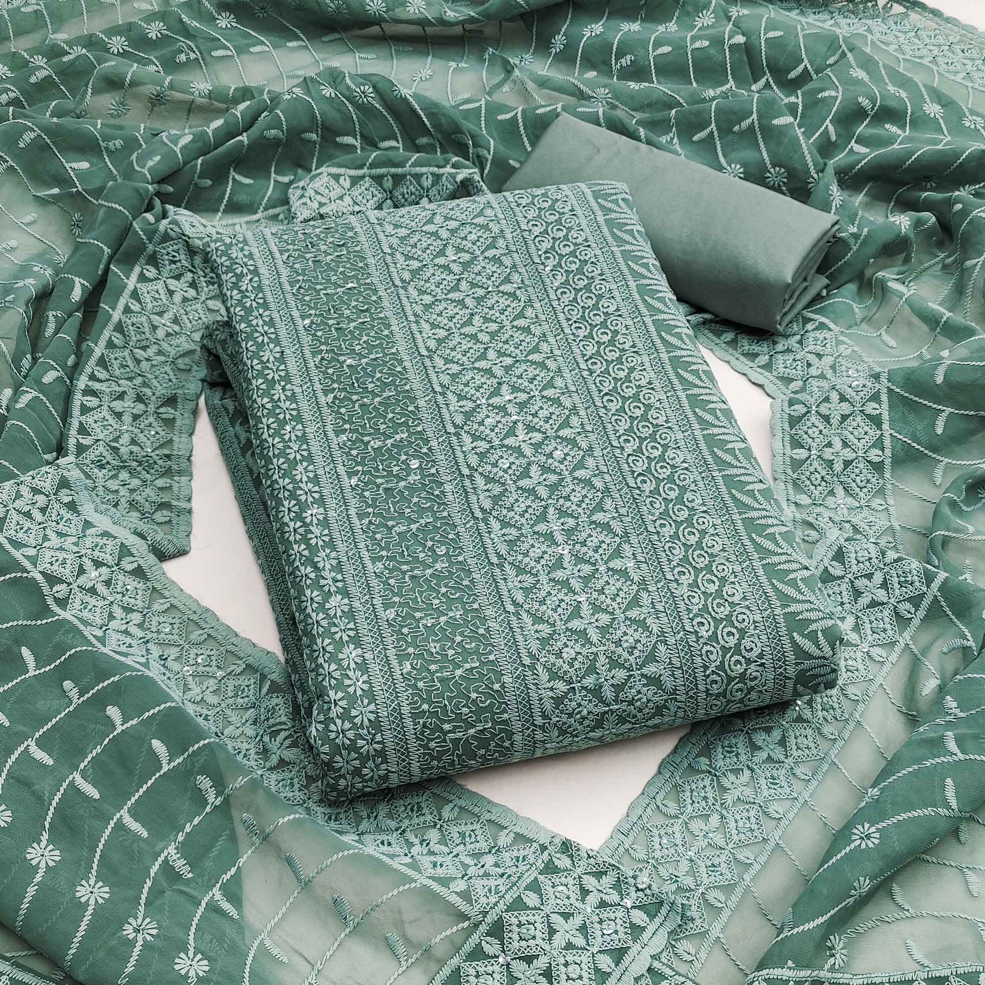 Sage Green Floral Thread Embroidery With Sequins Highlighted Georgette Dress Material