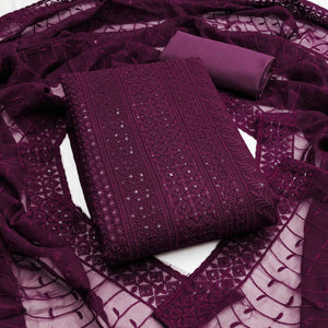 Wine Floral Thread Embroidery With Sequins Highlighted Georgette Dress Material