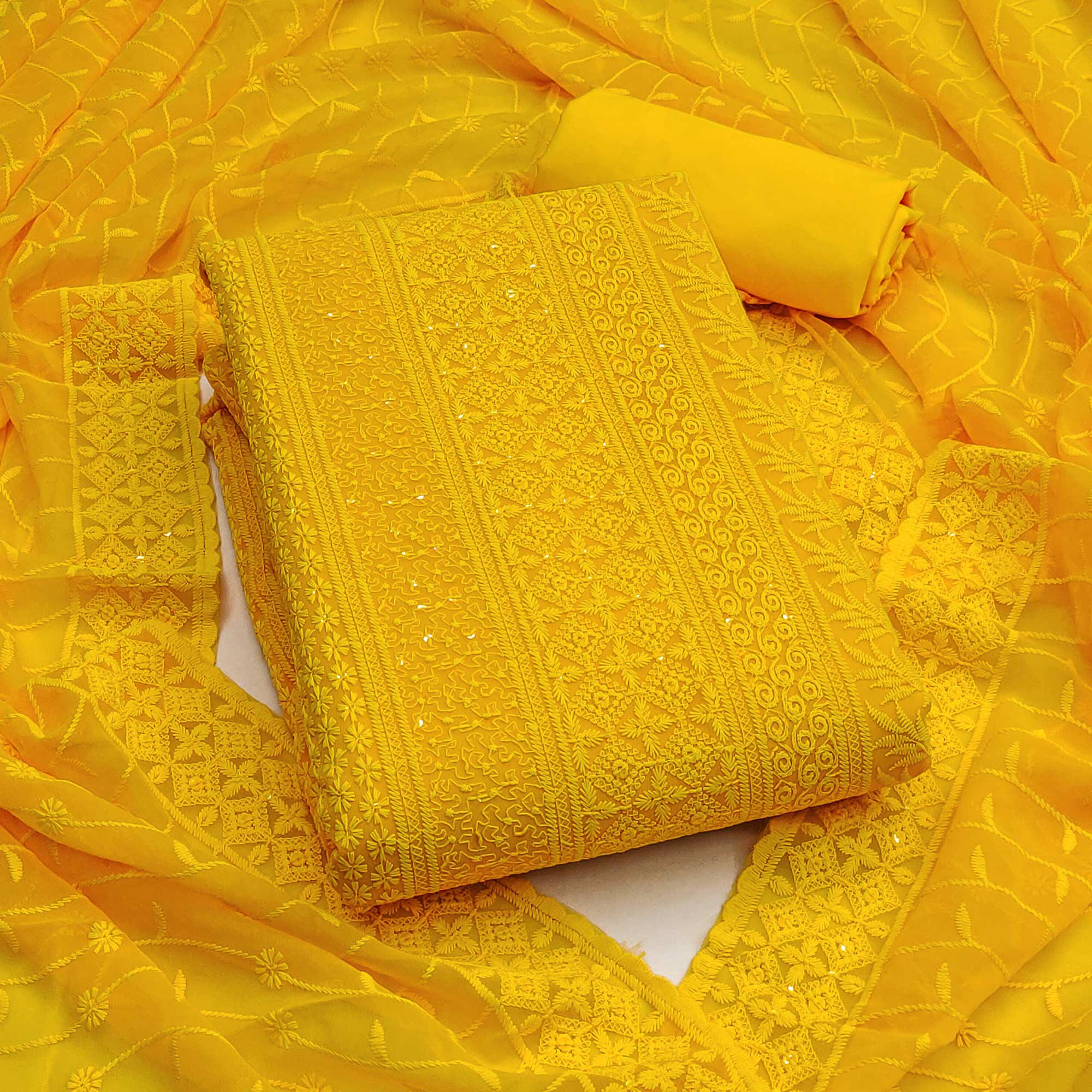 Yellow Floral Thread Embroidery With Sequins Highlighted Georgette Dress Material