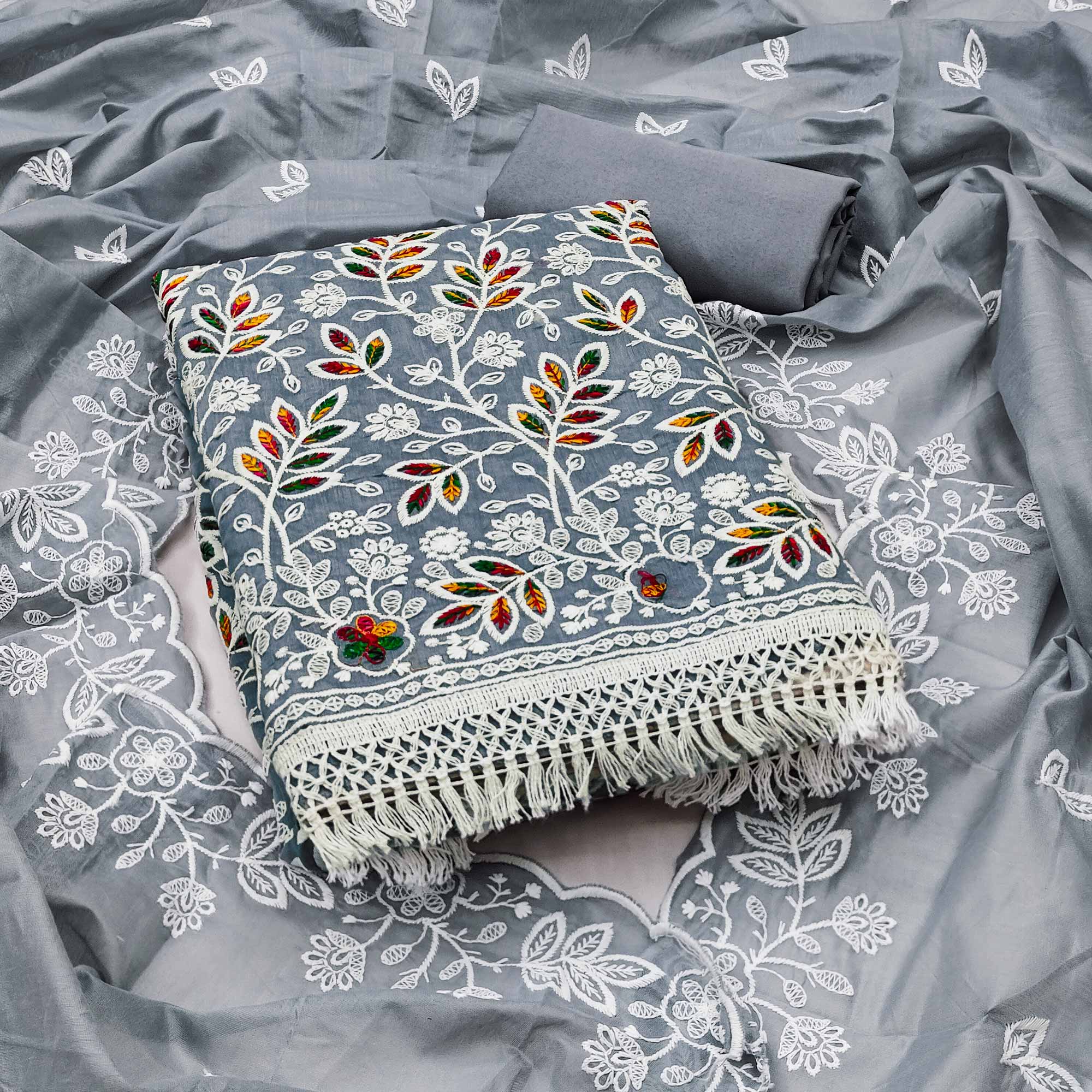 Grey Chanderi Silk Dress Material With Exquisite Floral Thread Embroidery