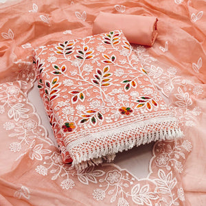 Orange Chanderi Silk Dress Material With Exquisite Floral Thread Embroidery