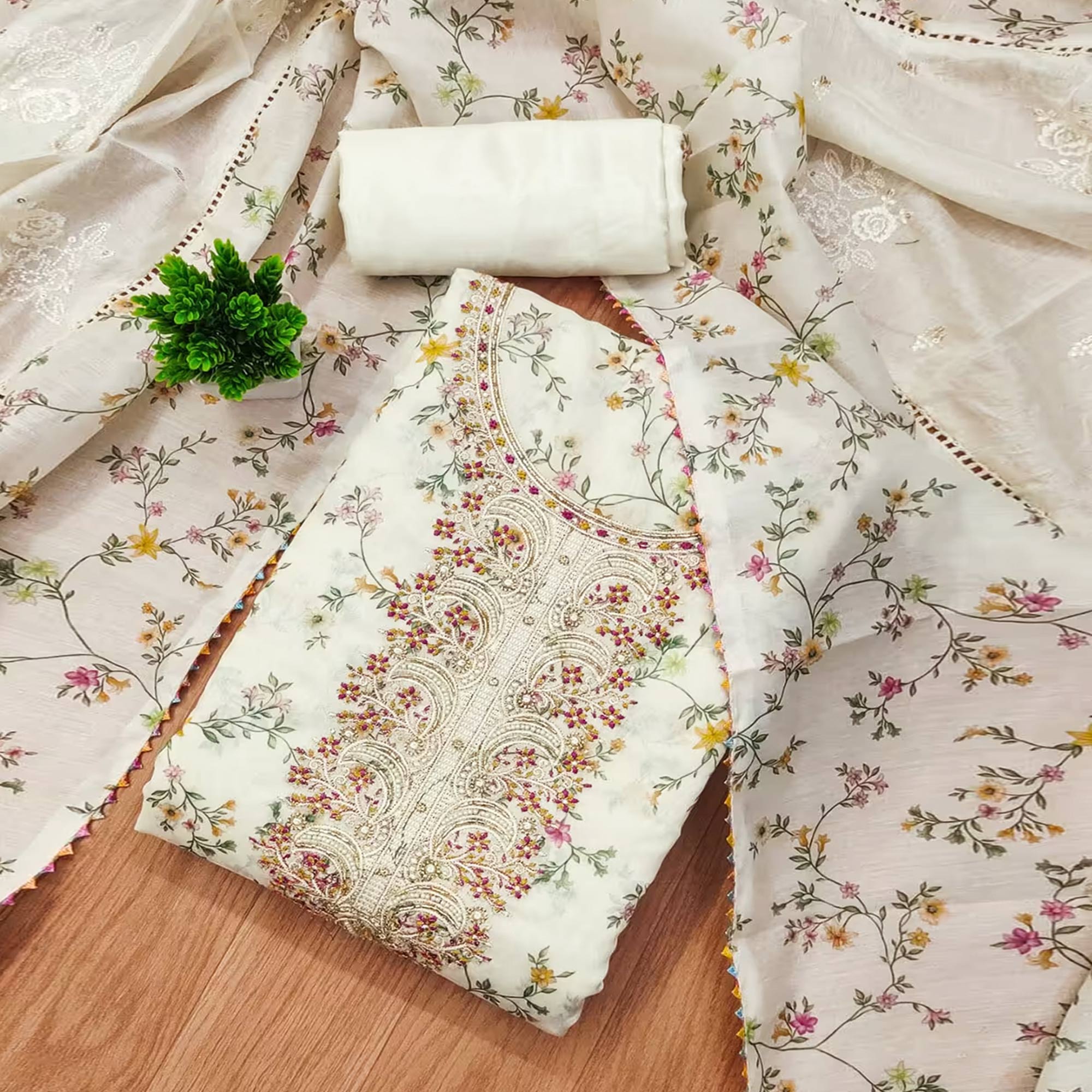 Classic Cream Floral Printed Modal Chanderi Silk Fabric Set Perfect for Festive