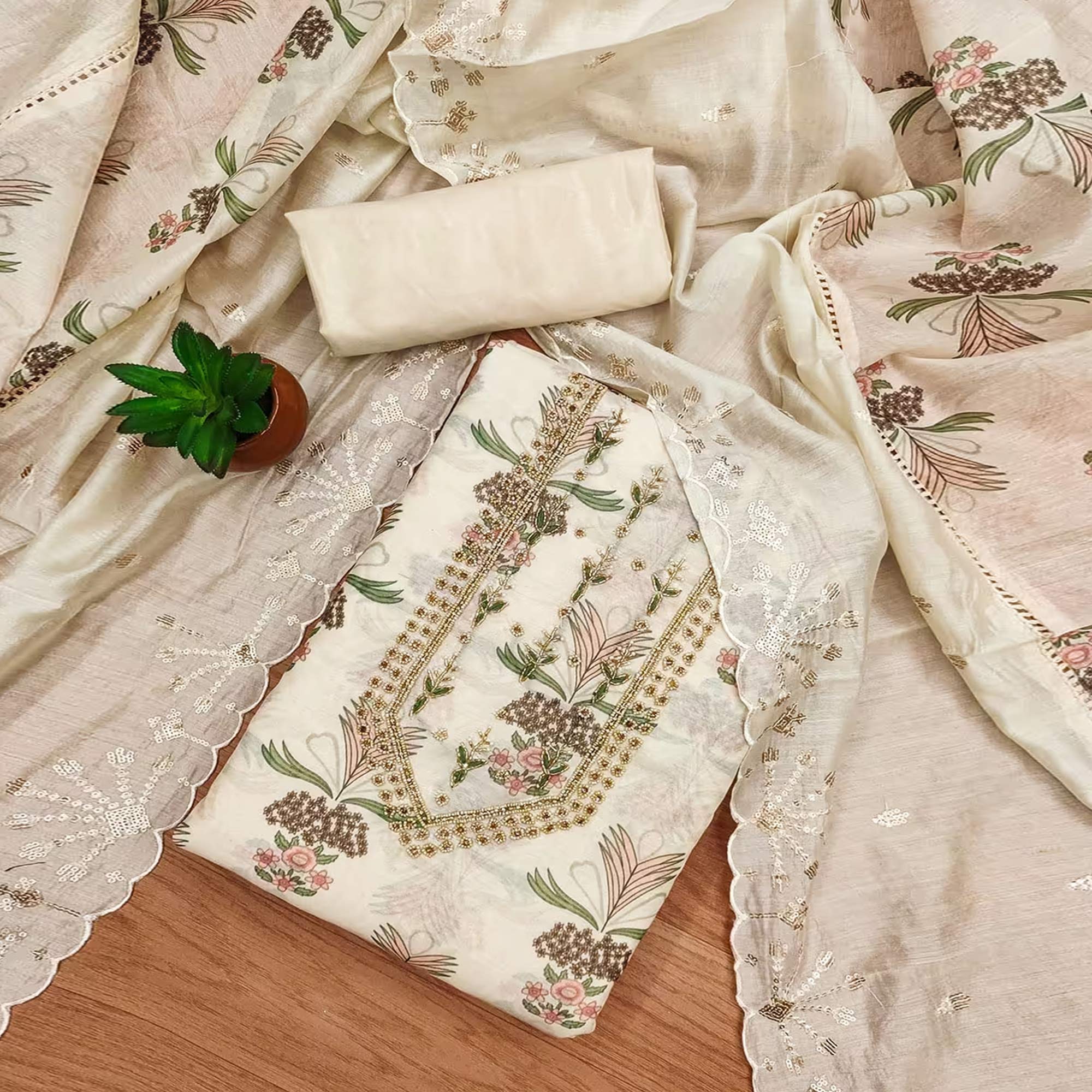 Cream Modal Chanderi Silk Unstitched Suit Material Showcasing Jaipuri Inspired Floral Designs