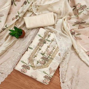 Cream Modal Chanderi Silk Unstitched Suit Material Showcasing Jaipuri Inspired Floral Designs