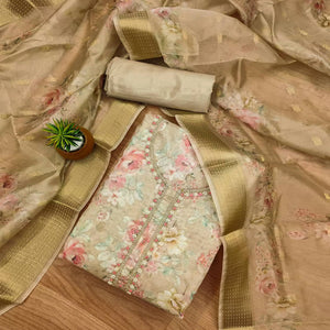 Beige Chanderi Silk Dress Material Showcasing Floral Prints with Subtle Beads Detailing