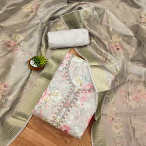 Grey Chanderi Silk Dress Material Showcasing Floral Prints with Subtle Beads Detailing