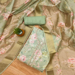 Pista Green Chanderi Silk Dress Material Showcasing Floral Prints with Subtle Beads Detailing