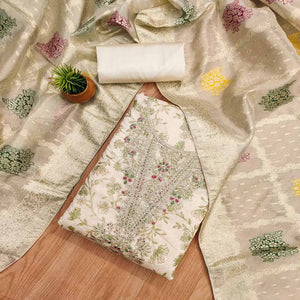 Cream & Green Floral Printed Chanderi Silk Dress Material Adorned with Fine Embroidered Work