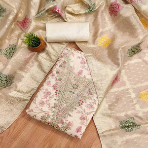 Cream & Pink Floral Printed Chanderi Silk Dress Material Adorned with Fine Embroidered Work