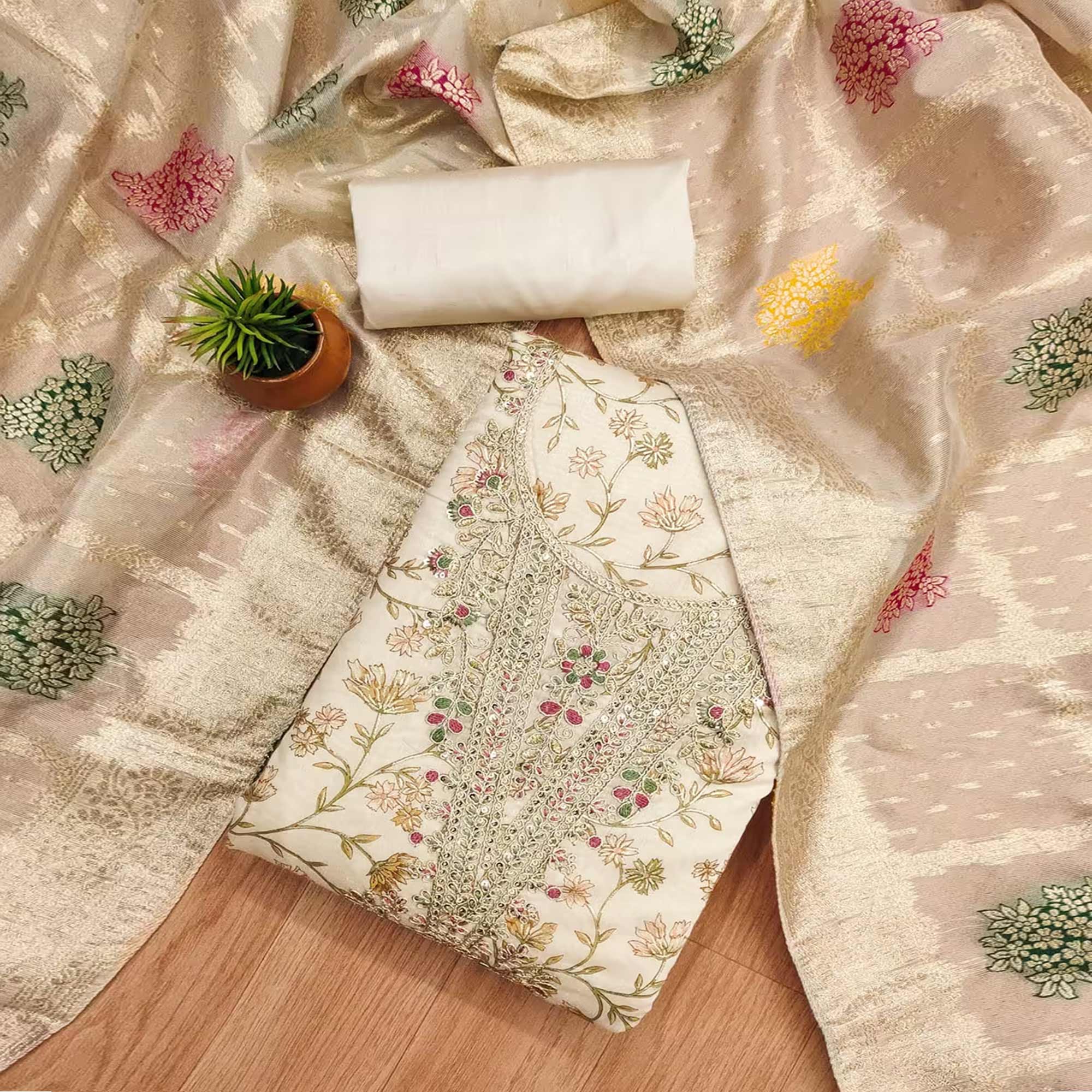 Cream & Mustard Floral Printed Chanderi Silk Dress Material Adorned with Fine Embroidered Work