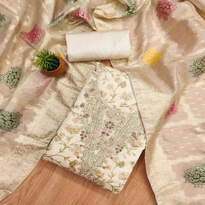 Cream & Mustard Floral Printed Chanderi Silk Dress Material Adorned with Fine Embroidered Work