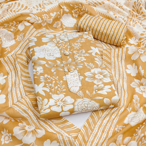 Chikoo Floral Printed Pure Cotton Dress Material With A Fresh Elegant Appeal