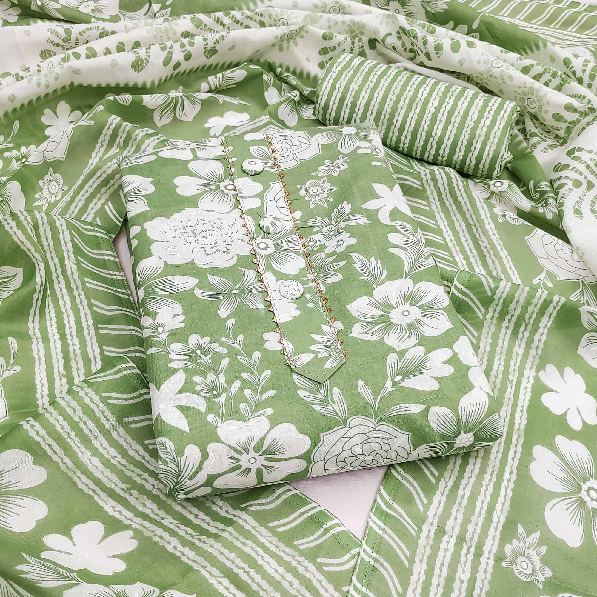 Green Floral Printed Pure Cotton Dress Material With A Fresh Elegant Appeal