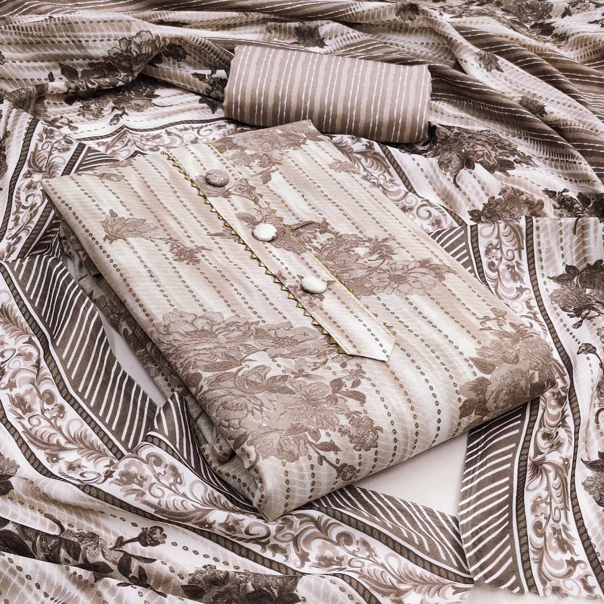 Refreshing Brown Floral Printed Pure Cotton Dress Material For Everyday Comfort