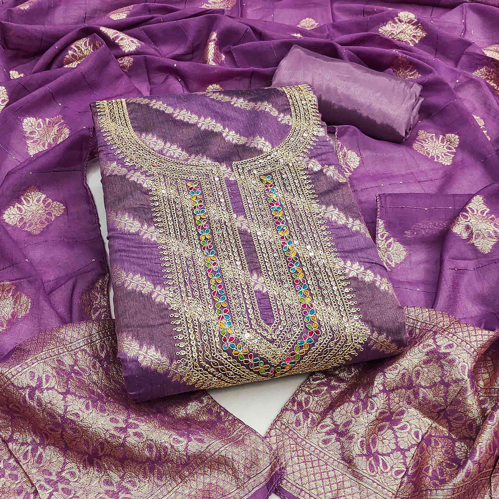 Rich Purple Banarasi Silk Dress Material Featuring Floral Weaving & Neck Cording Embroidery