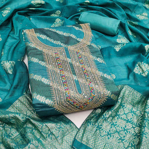 Rich Rama Blue Banarasi Silk Dress Material Featuring Floral Weaving & Neck Cording Embroidery