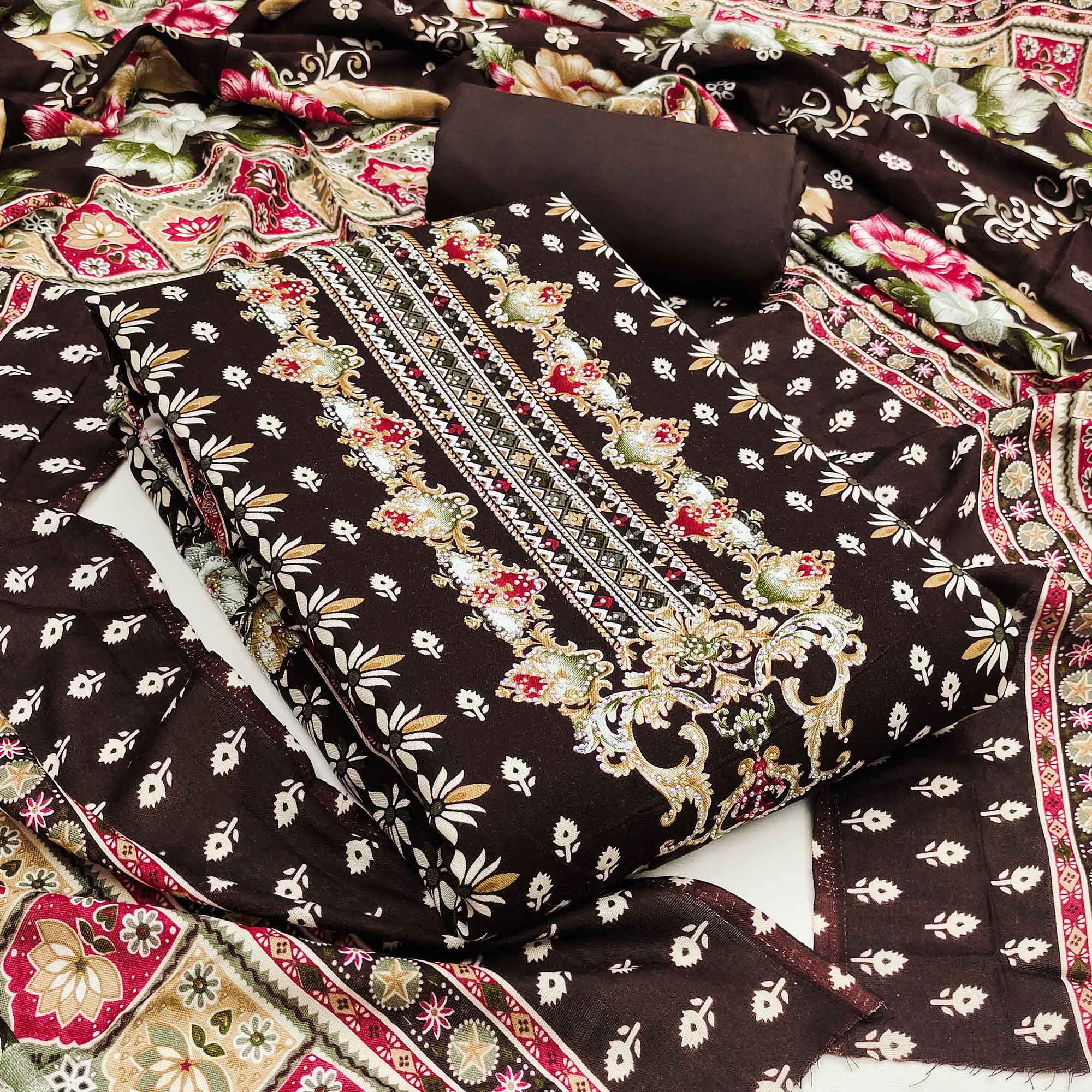 Brown Floral Printed Rayon Dress Material Enhanced With Sparkling Swarovski Work