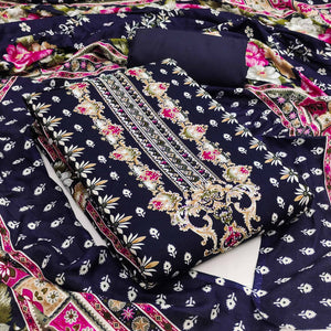 Navy Blue Floral Printed Rayon Dress Material Enhanced With Sparkling Swarovski Work