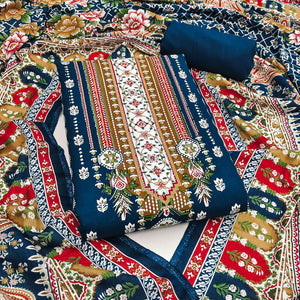 Blue Floral Printed Rayon Dress Material Accented With Premium Swarovski Work