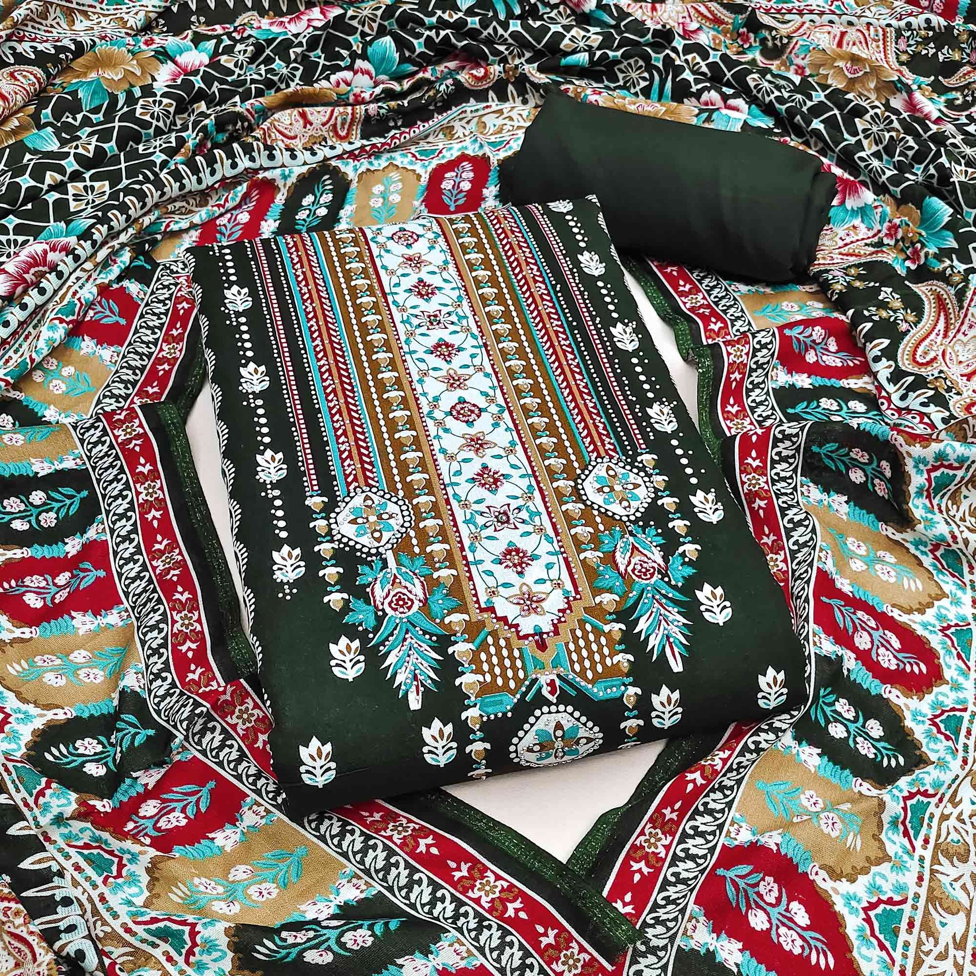 Green Floral Printed Rayon Dress Material Accented With Premium Swarovski Work