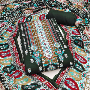 Green Floral Printed Rayon Dress Material Accented With Premium Swarovski Work